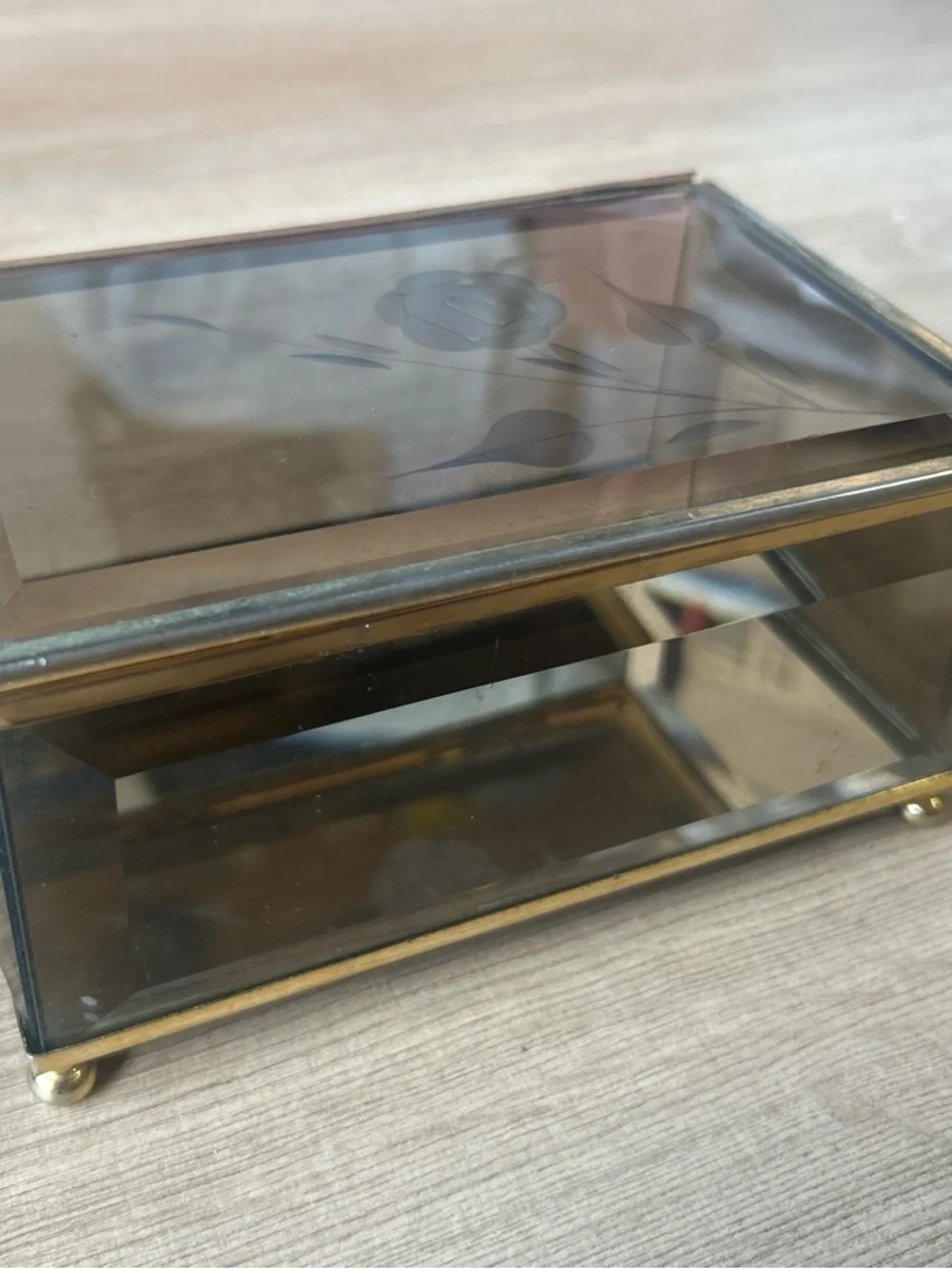 Vintage Glass‎ and Brass Mirrored Jewelry Box with Floral Etching
